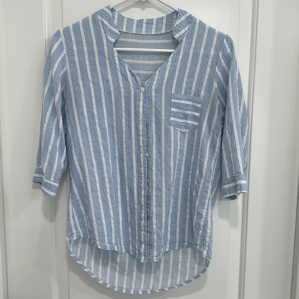 White and blue striped lightweight button up top